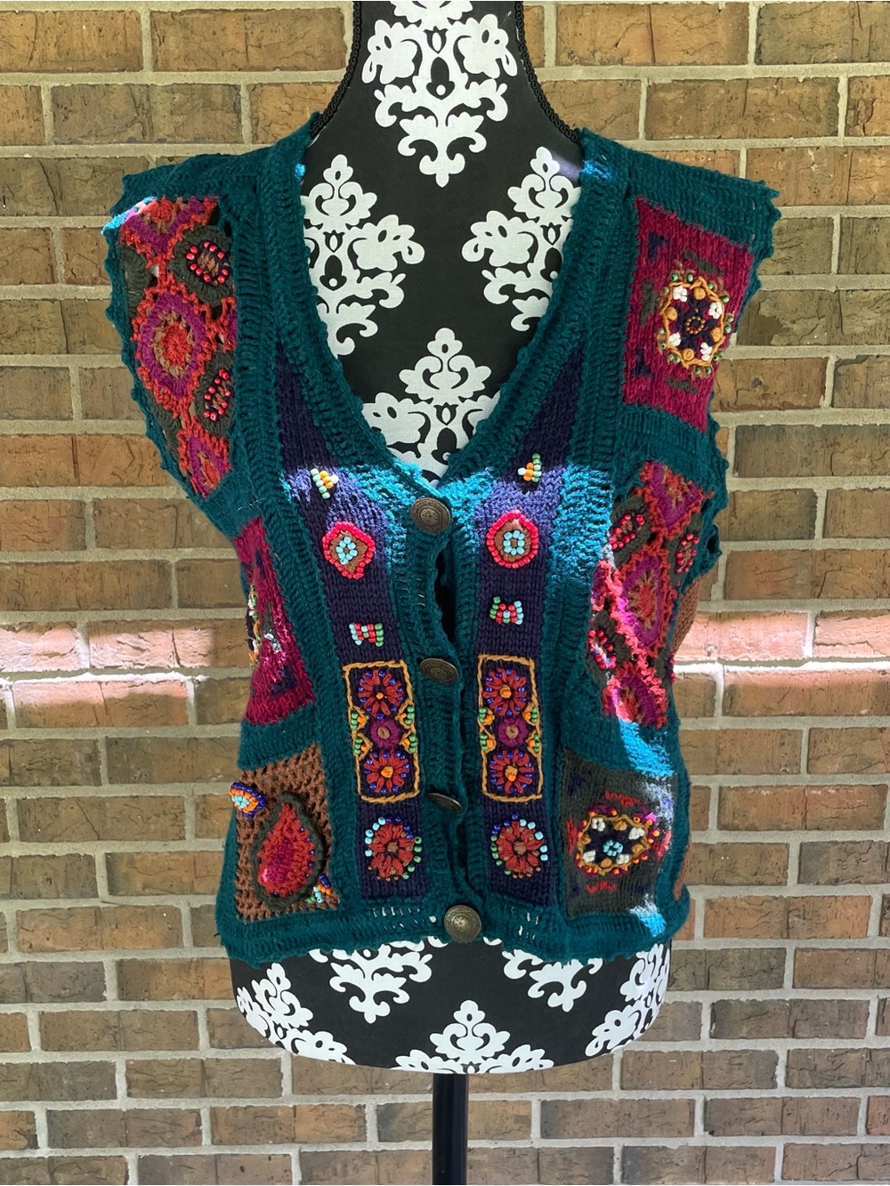 VTG 90's IVY Whimsy Teal Colorful Beaded Crochet Boho Artsy Vest Women's M